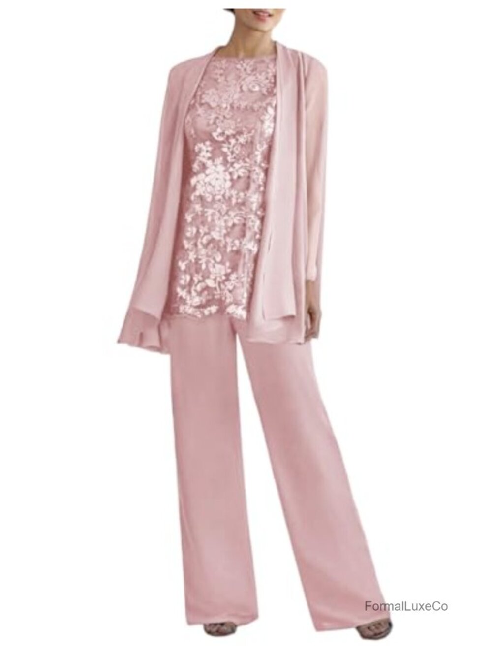 Women's 3 Piece Pantsuit Set Sleeveless Lace Top Jacket Mother of Bride